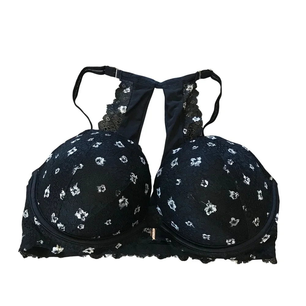 Pink Victoria's Secret 36DD Black Floral Lace Front Close Push Up Racerback Bra - Picture 1 of 6